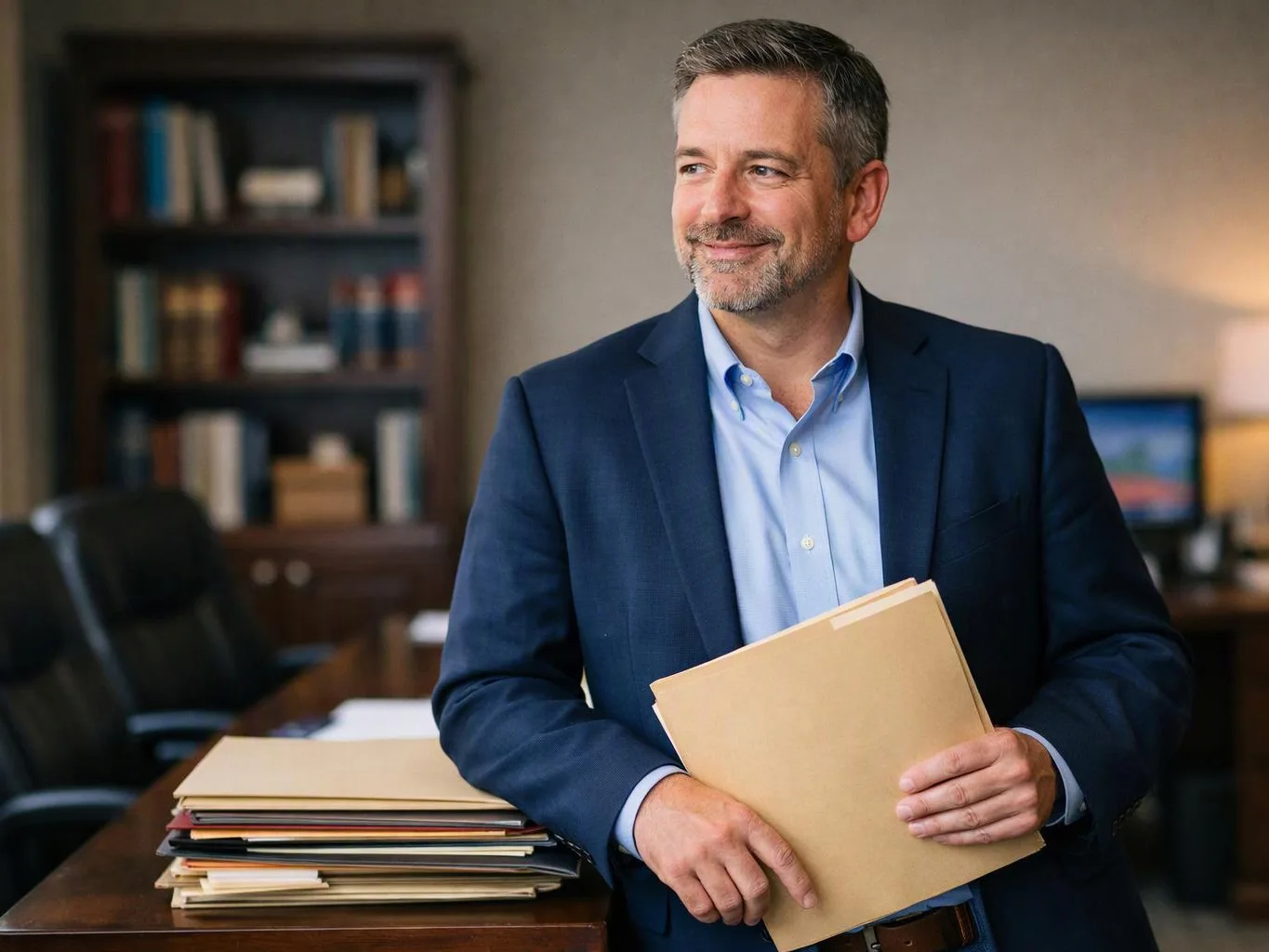 A smiling man in a blue suit holds folders beside a desk in an office with bookshelves