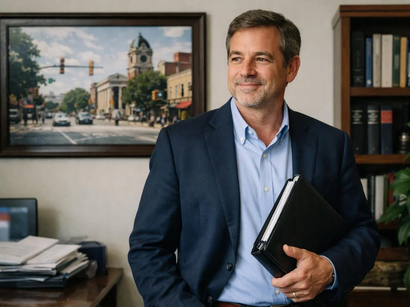 A smiling man in a navy blazer holds a black folder in an office with bookshelves and a framed street photo