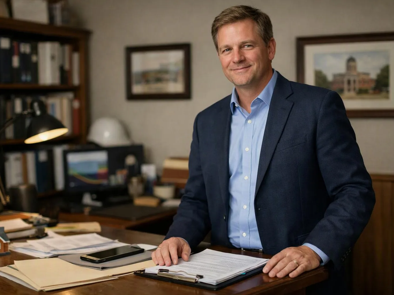 A smiling man in a navy blazer stands behind a desk covered with papers in a home office