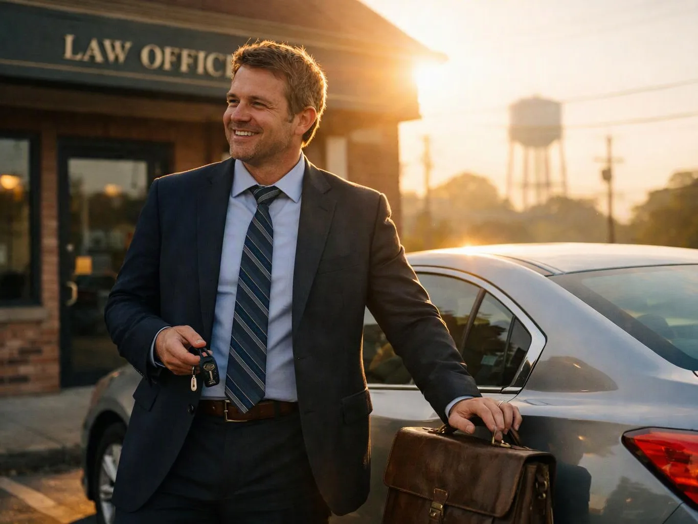 A smiling man in a suit stands by a silver car outside a law office at sunset