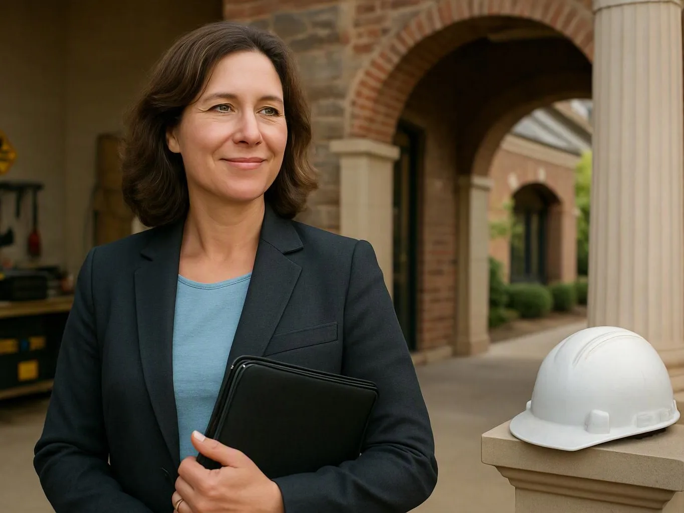 A smiling woman in a blazer holds a black folder beside a white hard hat on a porch with brick arches