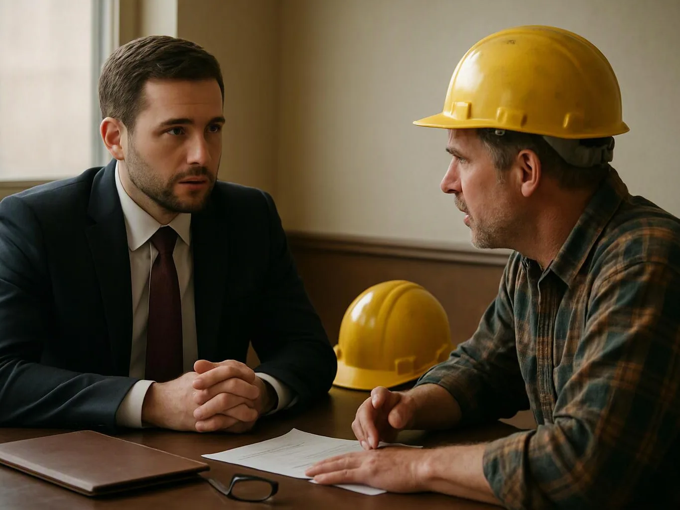 A suited man and a hardhat worker talk across a table with papers, a folder, and a helmet nearby