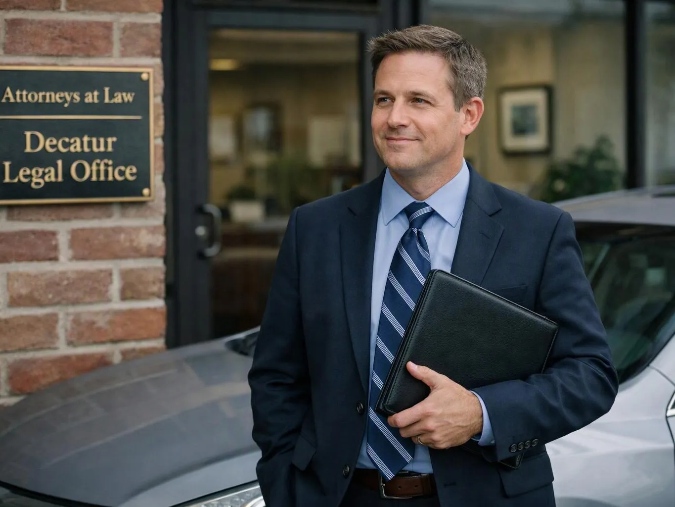 A suited man holds a black portfolio outside a legal office beside a parked car