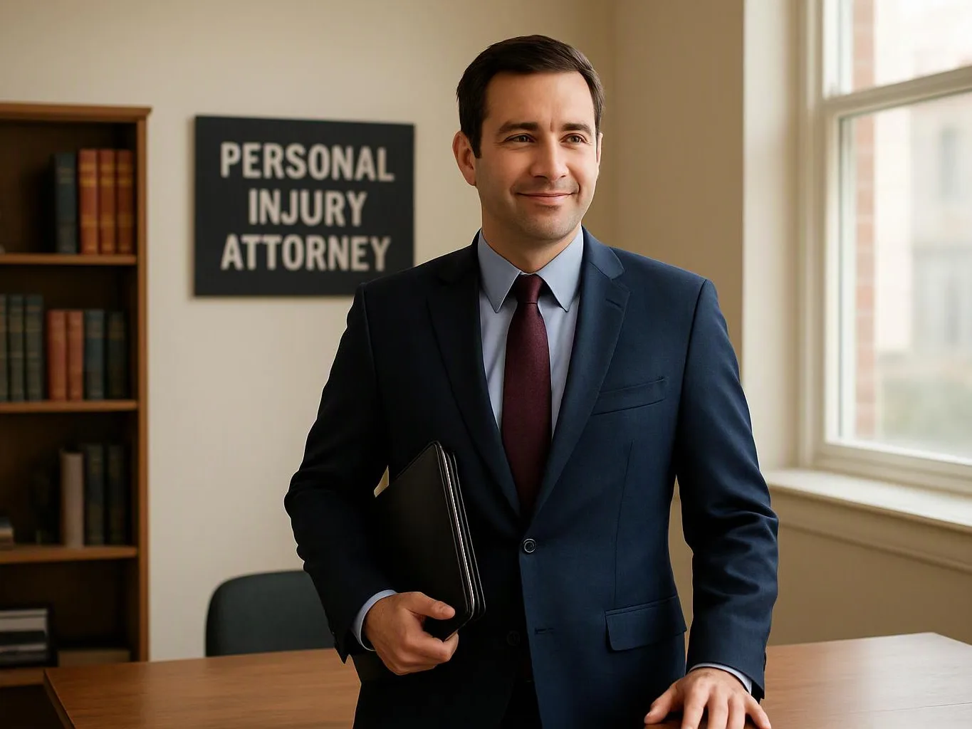 A suited man holds a folder in an office, with a wall sign reading “PERSONAL INJURY ATTORNEY” behind him