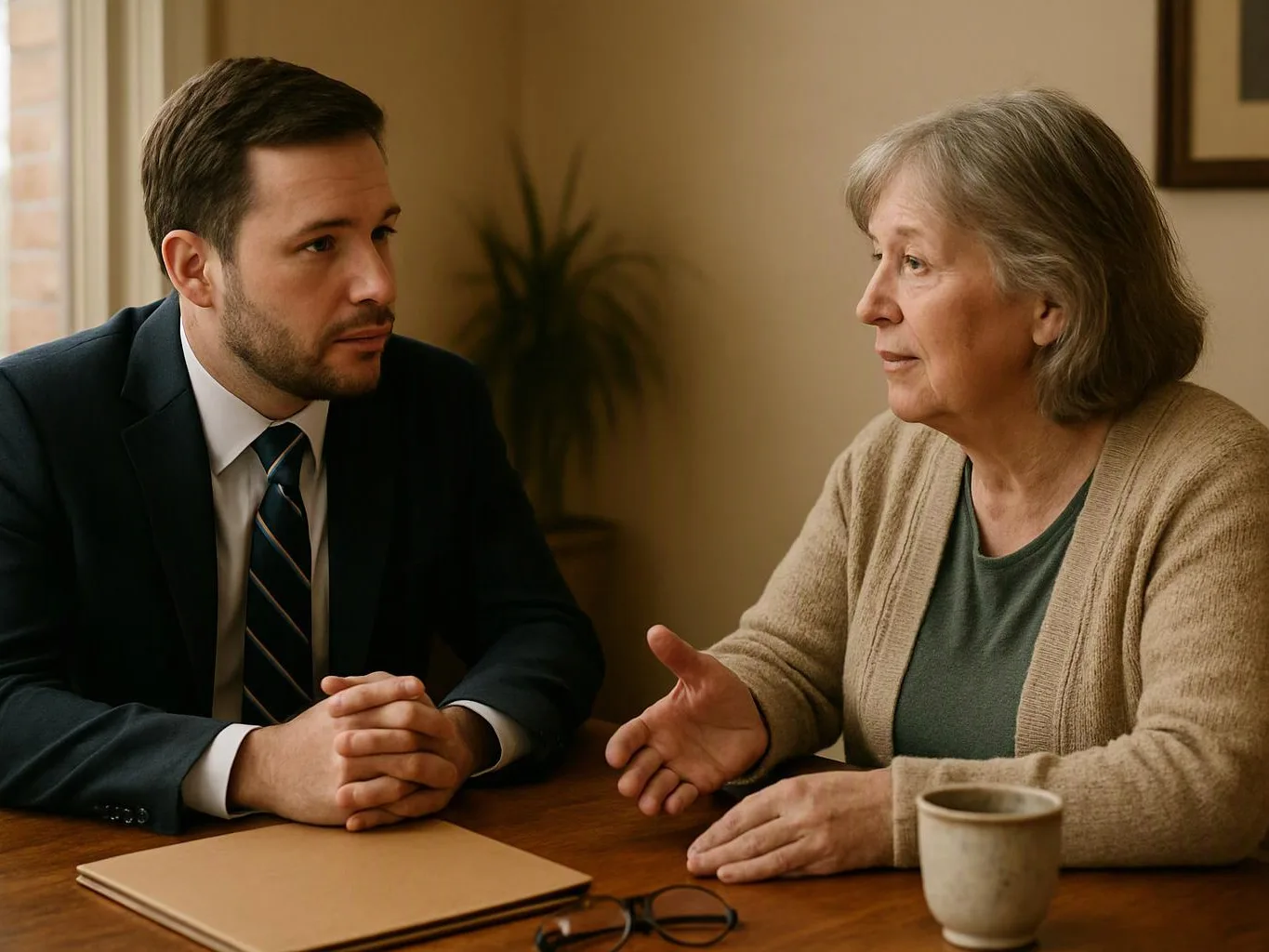 A suited man listens to an older woman speaking at a wooden table with a folder, glasses, and a mug