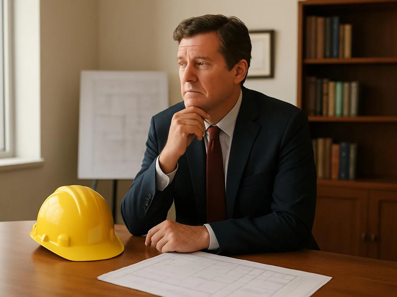 A suited man sits at a desk with a yellow hard hat and a paper floor plan, looking thoughtful