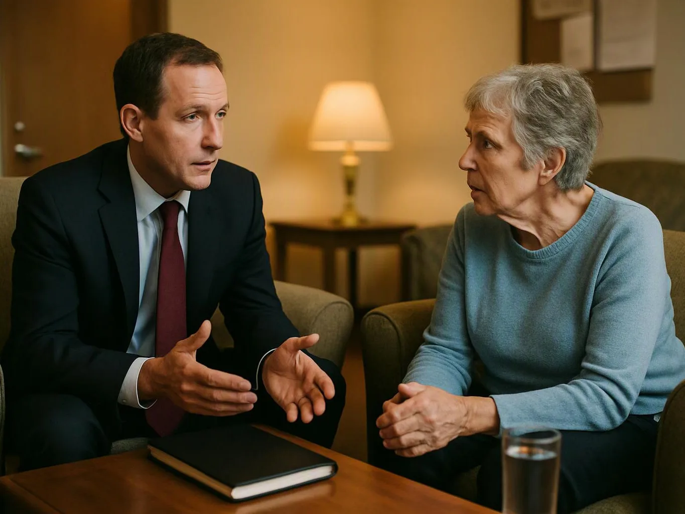 A suited man speaks with an older woman in a cozy room, seated beside a lamp and table with a notebook and water glass