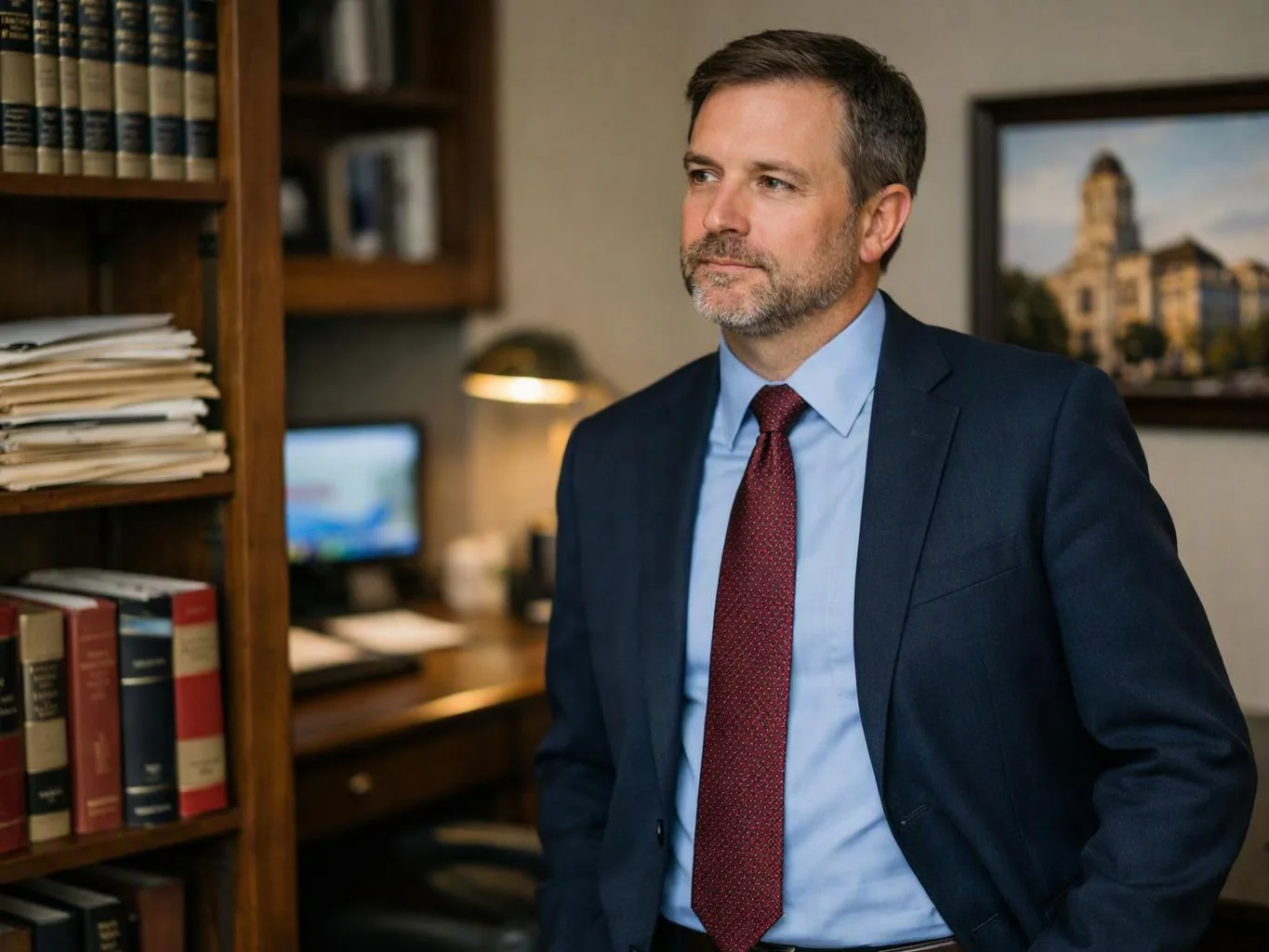 A suited man stands in a book-lined office beside shelves, a desk, and a framed wall picture