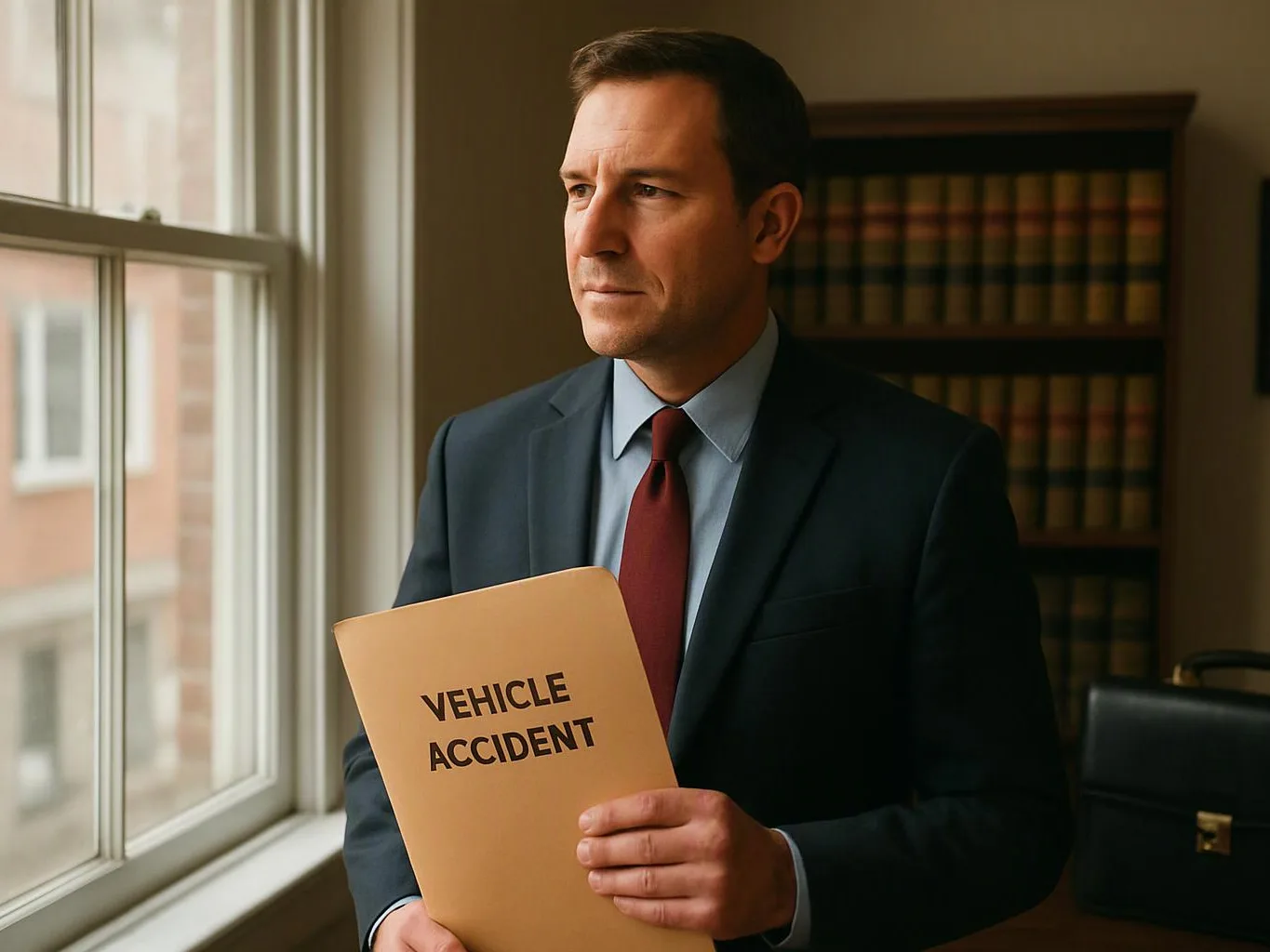 A suited man stands by a window holding a folder labeled vehicle accident in an office