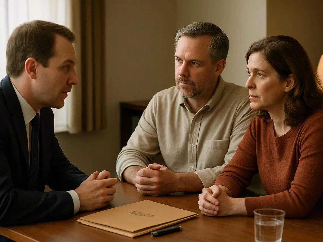 Three adults sit at a table in a quiet room, listening to a suited man across from them