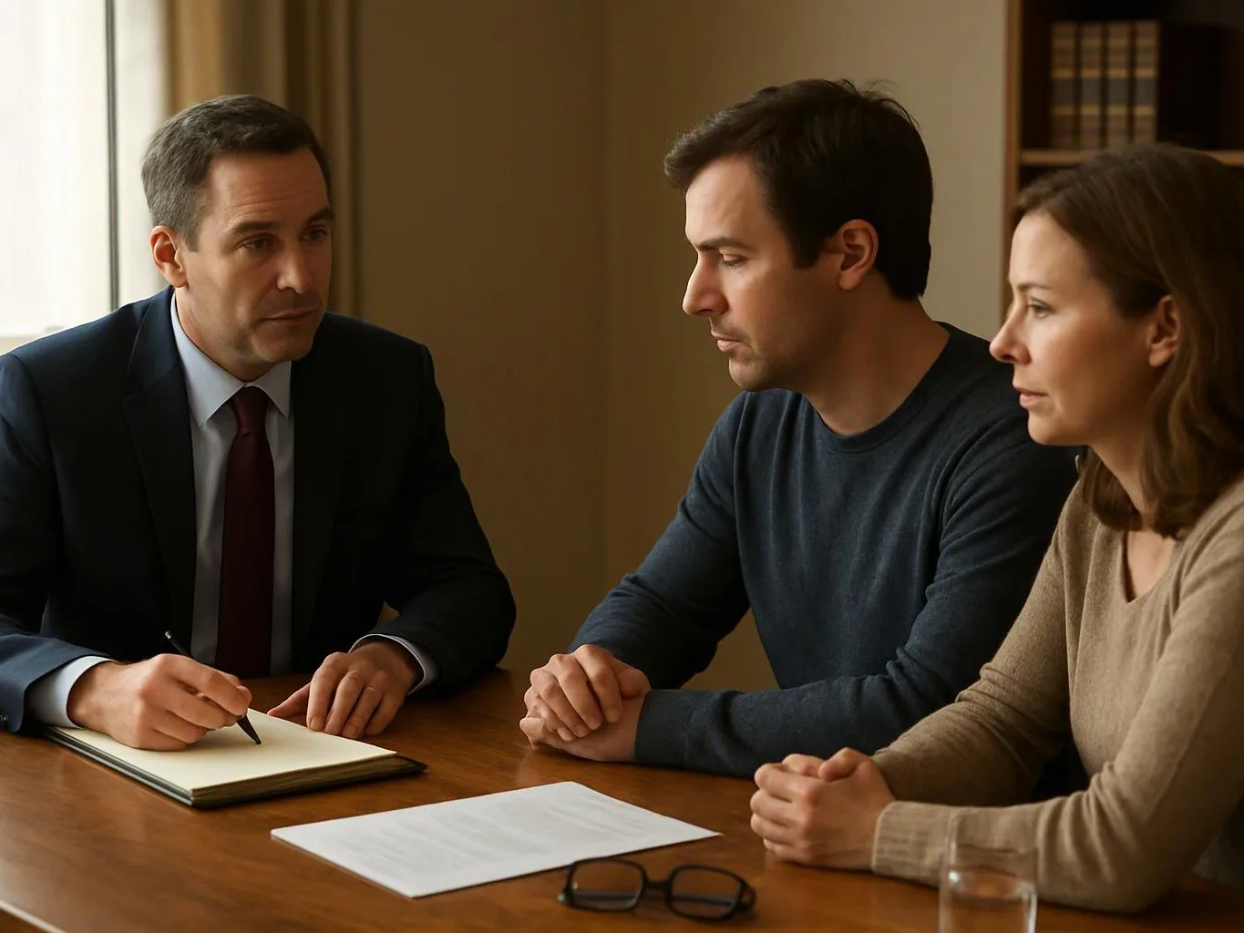 Three adults sit at a table while one man writes in a notebook during a quiet meeting indoors