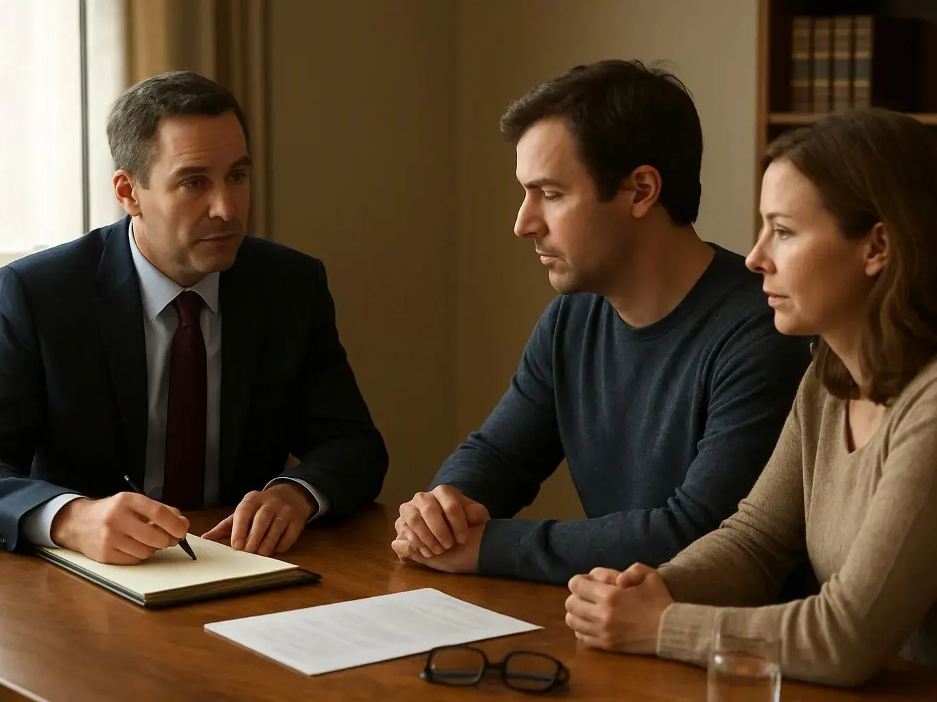 Three adults sit at a wooden table while one man takes notes in a quiet meeting room