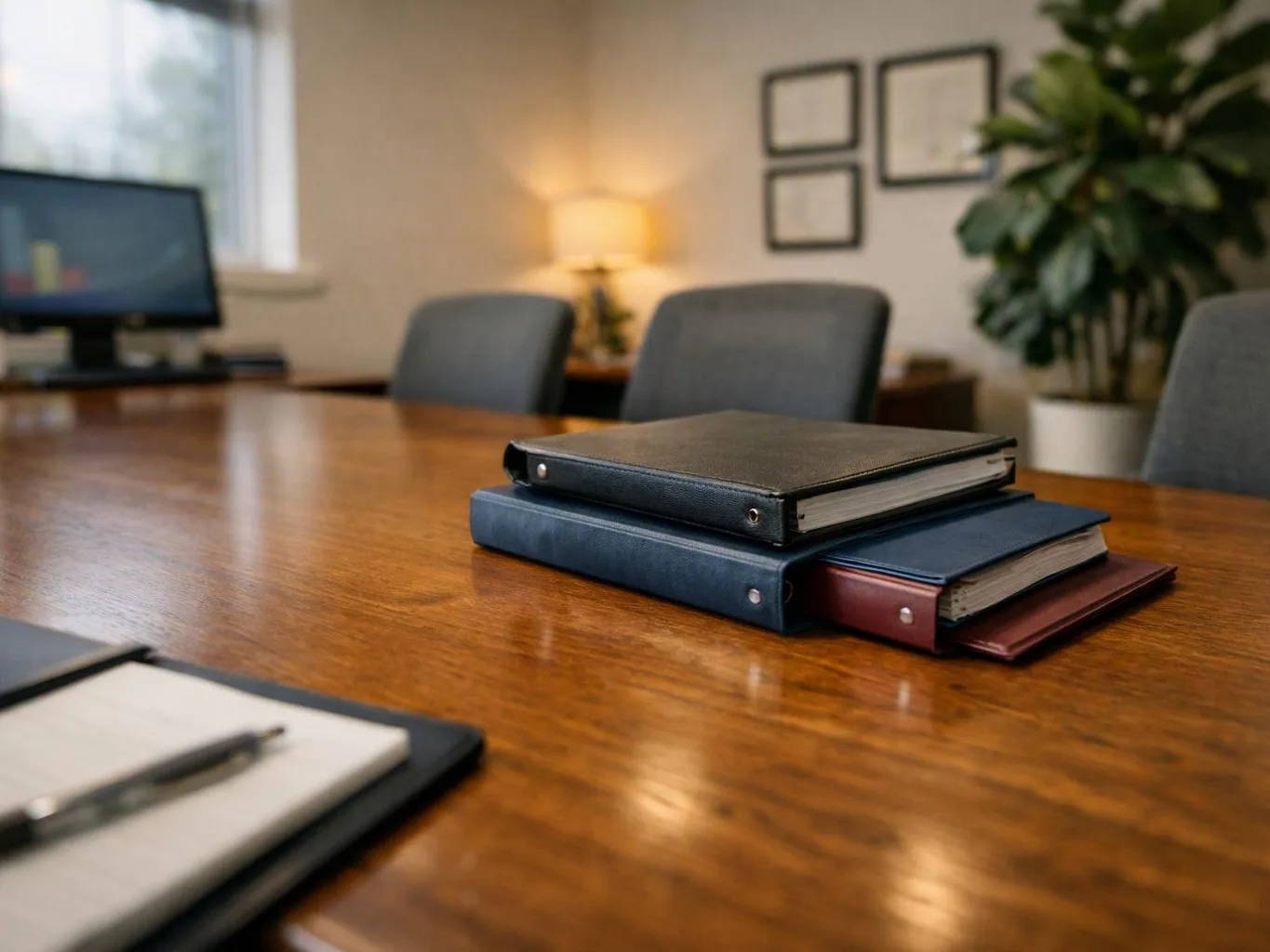 Three binders sit on a wooden conference table, with chairs, a lamp, and a monitor in the background