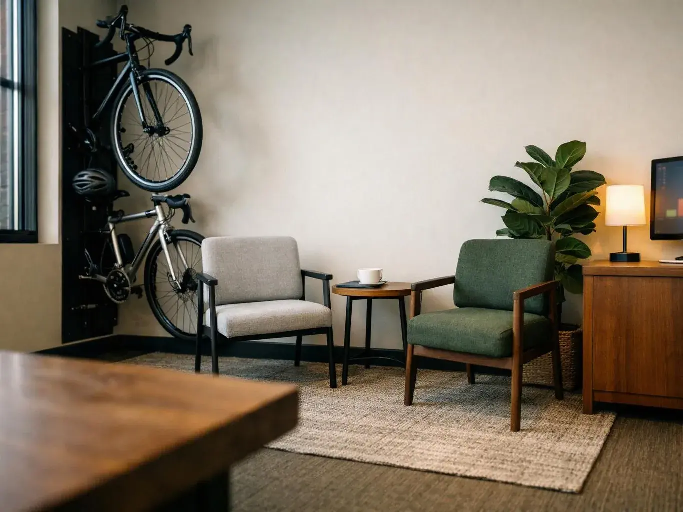 A tidy lounge shows two chairs, a small table, wall-mounted bicycles, a lamp, and a potted plant