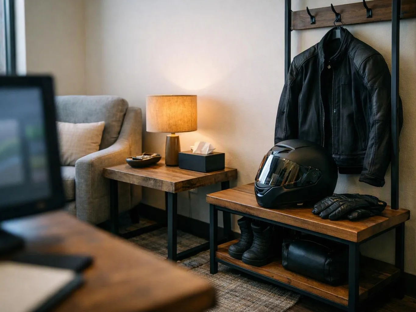 A tidy room holds a leather jacket, motorcycle helmet, gloves, boots, a lamp, and a gray chair