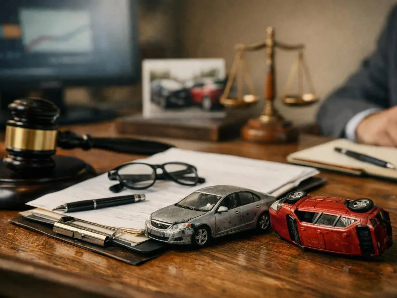 Toy cars and legal items sit on a wooden desk beside a gavel, scales, and papers
