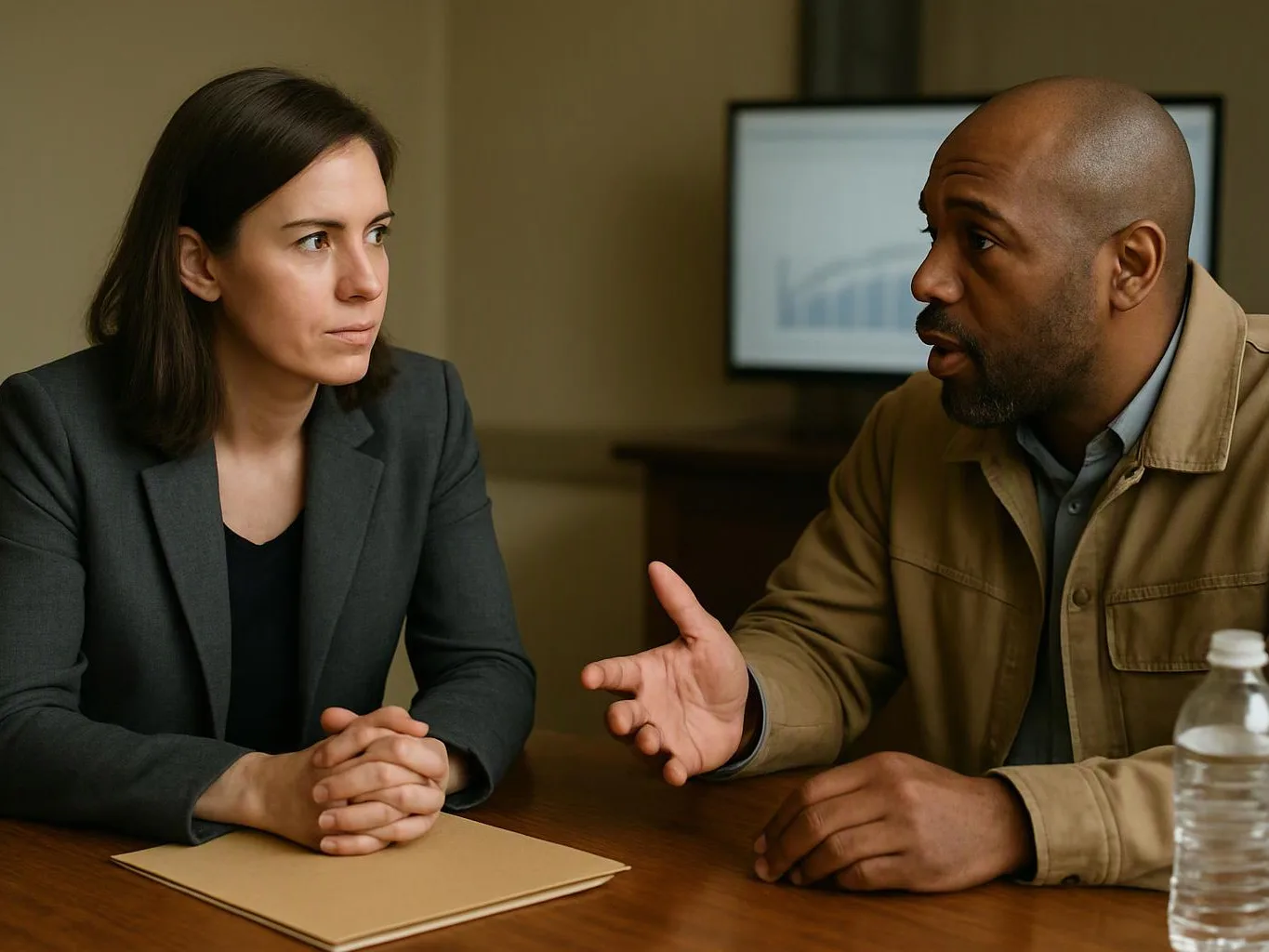 Two adults sit at a table in a meeting room, one speaking with a raised hand while the other listens closely