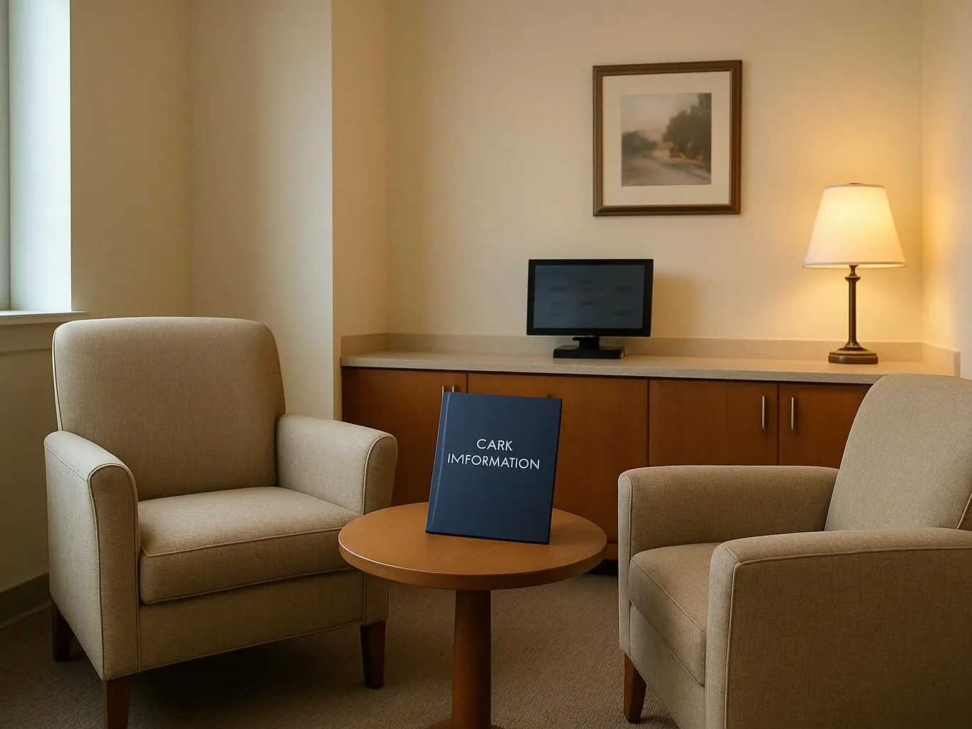 Two beige armchairs face a small round table with a blue information binder in a quiet waiting room