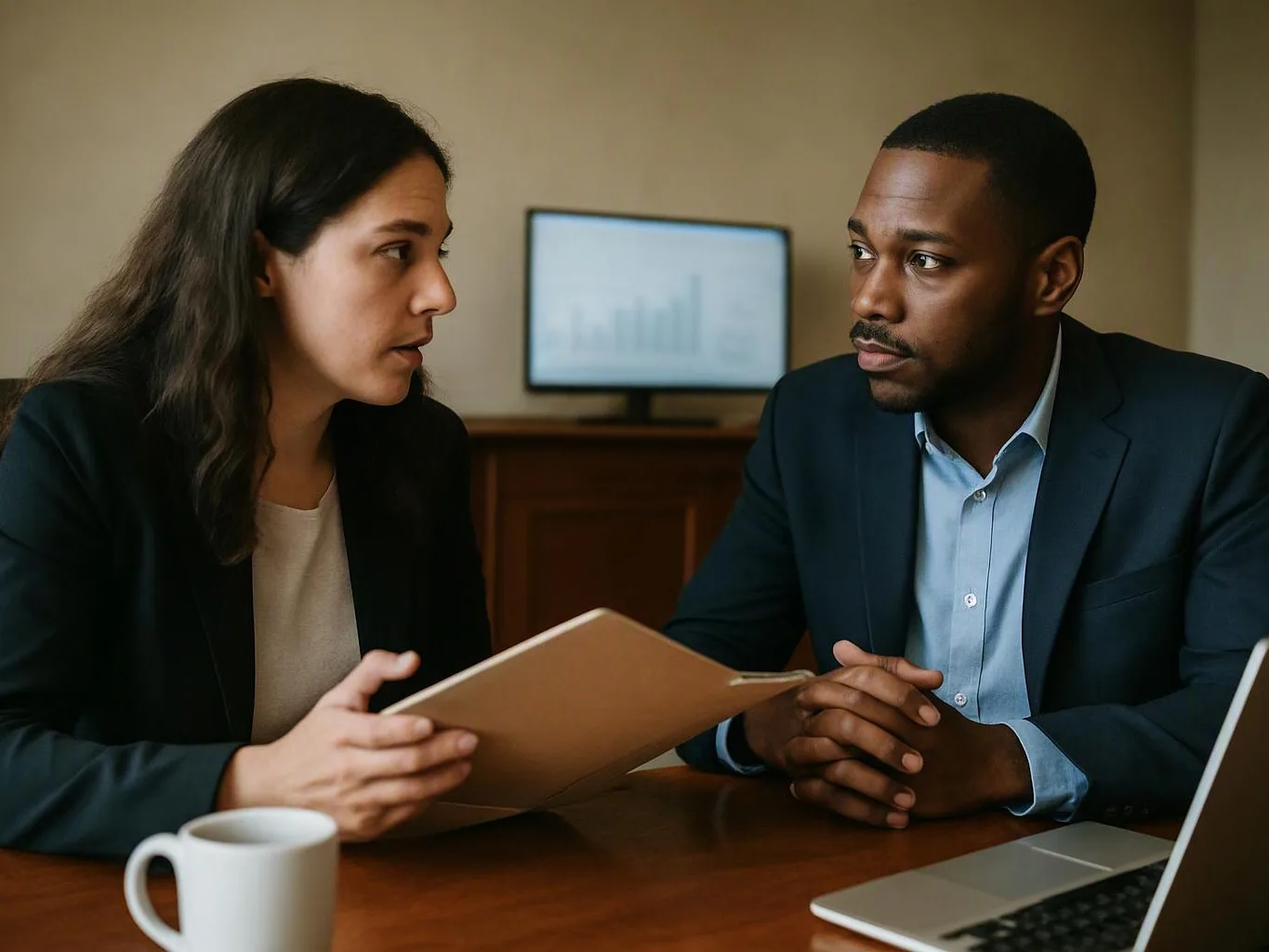 Two coworkers sit at a table, talking over a folder beside a laptop and coffee mug in a meeting room