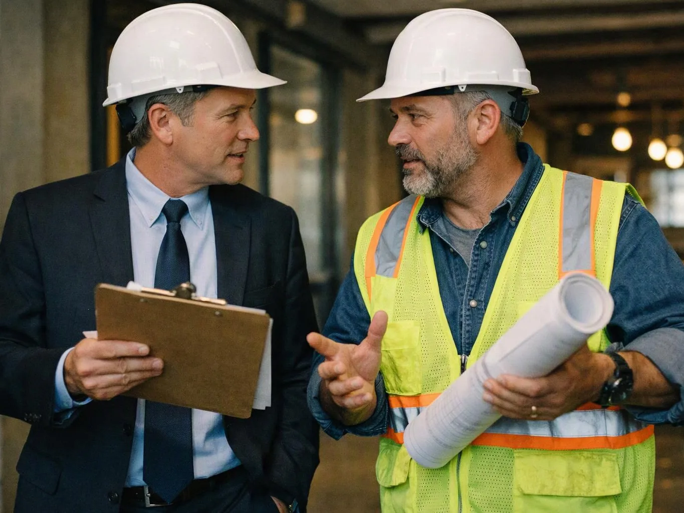 Two men in hard hats talk on a construction site, one holding a clipboard and the other a rolled blueprint