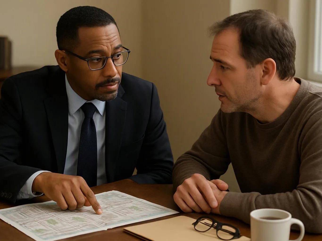 Two men lean over a table, one points at papers while they talk in a quiet room