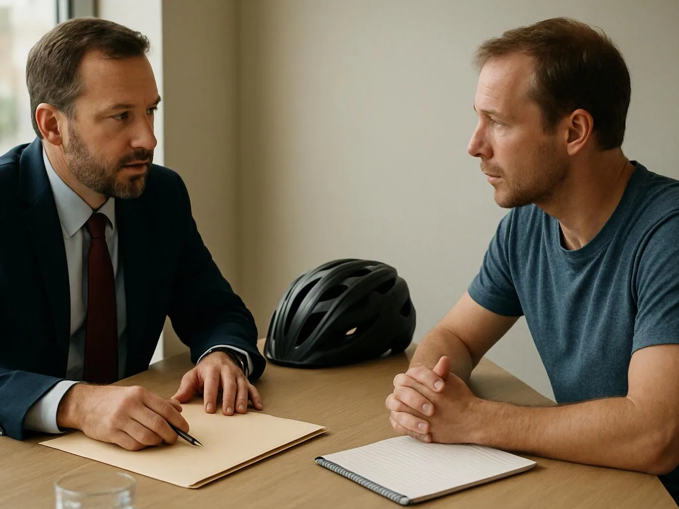 Two men sit across a table, one in a suit writing notes while the other listens beside a black bicycle helmet