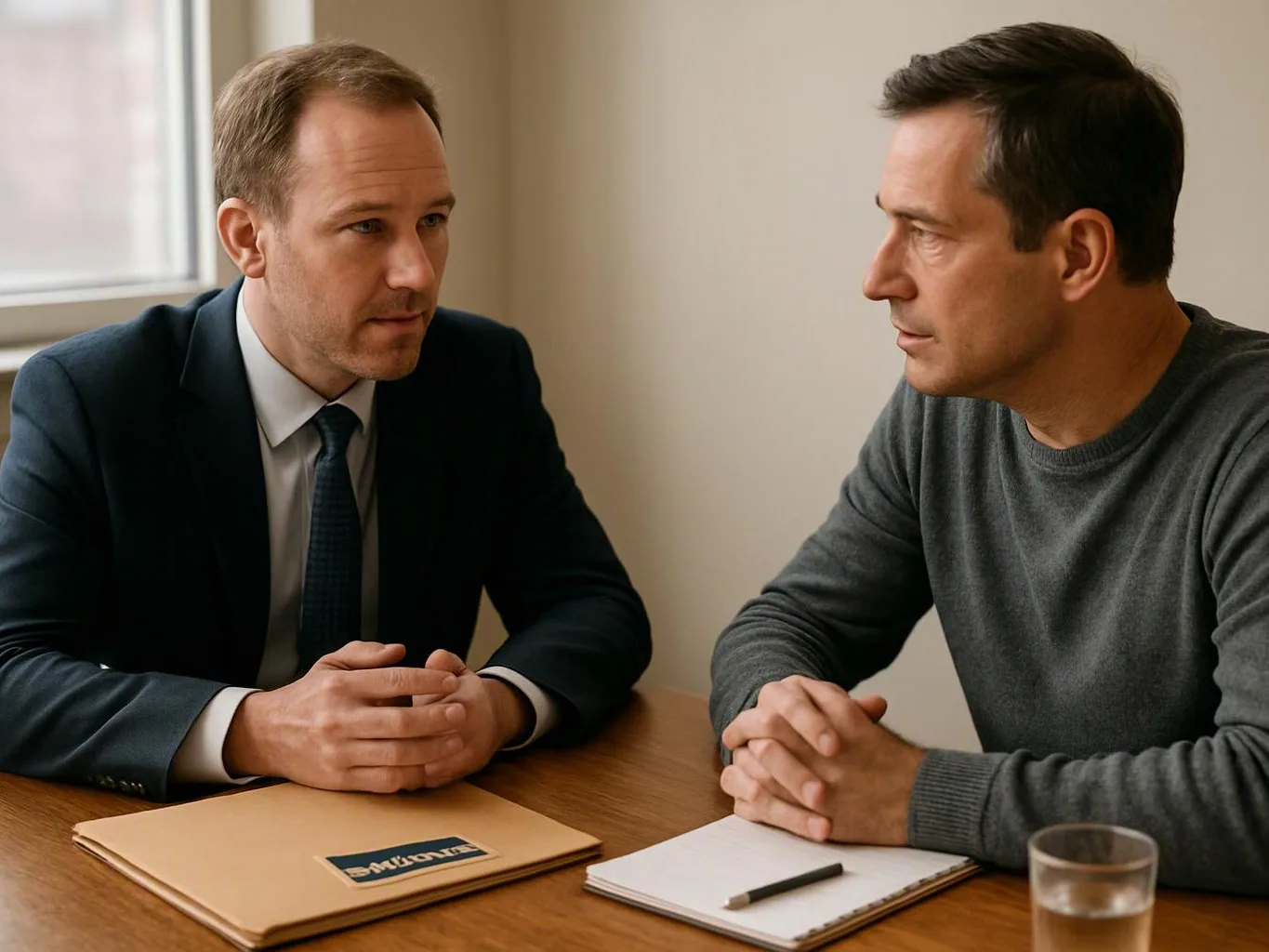 Two men sit across a table in a quiet office, talking with papers and a folder between them