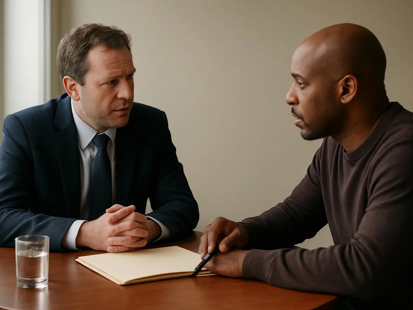 Two men sit across a table in a quiet room, talking over an open notebook and a glass of water