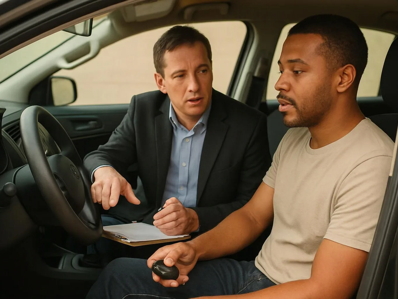 Two men sit in a car, one pointing at a clipboard while the driver holds a key fob