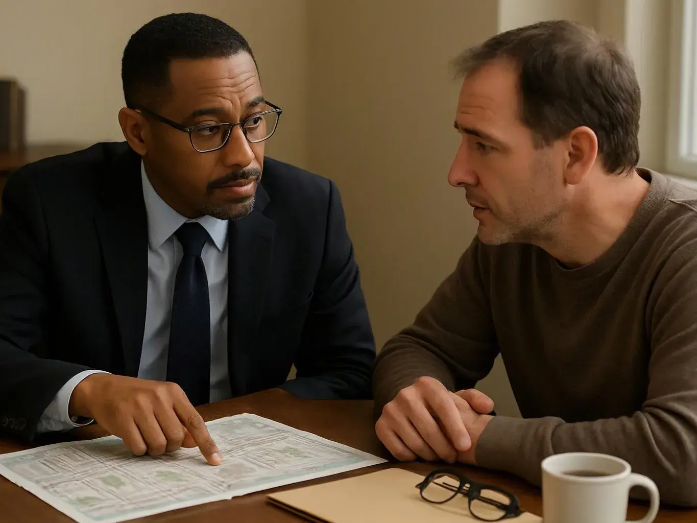 Two men sit at a table, looking at papers and talking in a quiet indoor room