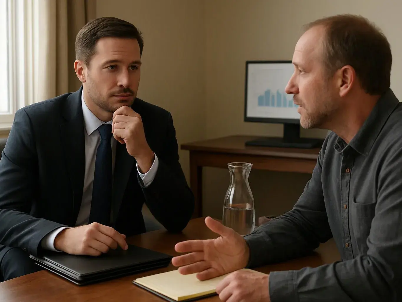 Two men sit at a table in a meeting room, one listening while the other gestures beside a notepad and water carafe