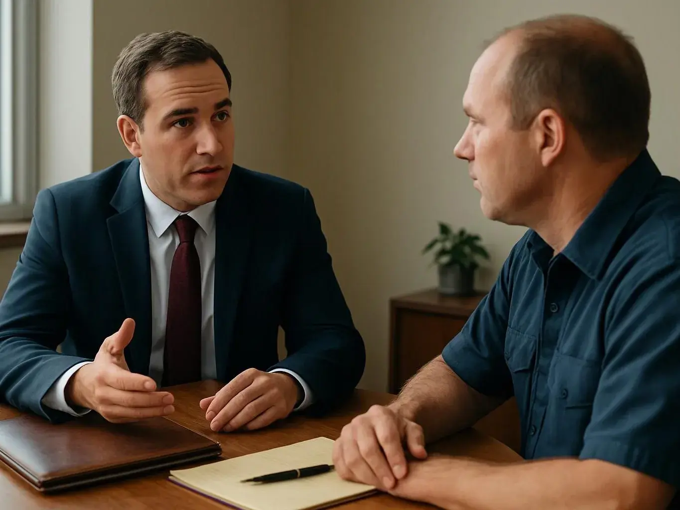 Two men sit at a table in an office, talking across a notebook and pen