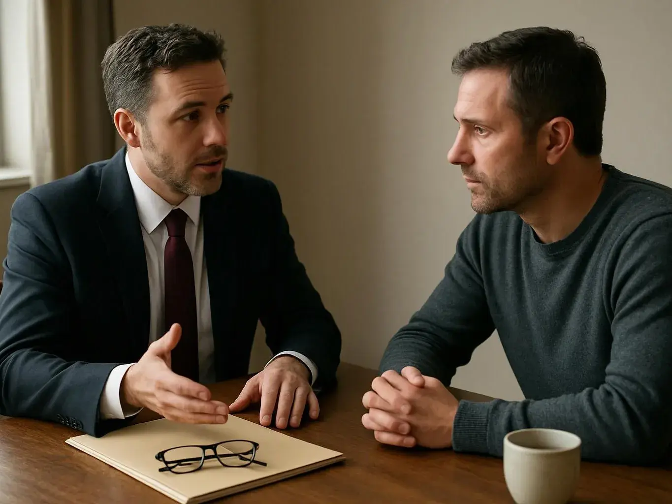 Two men sit at a table, one in a suit speaking while the other listens with clasped hands, with glasses and a mug nearby