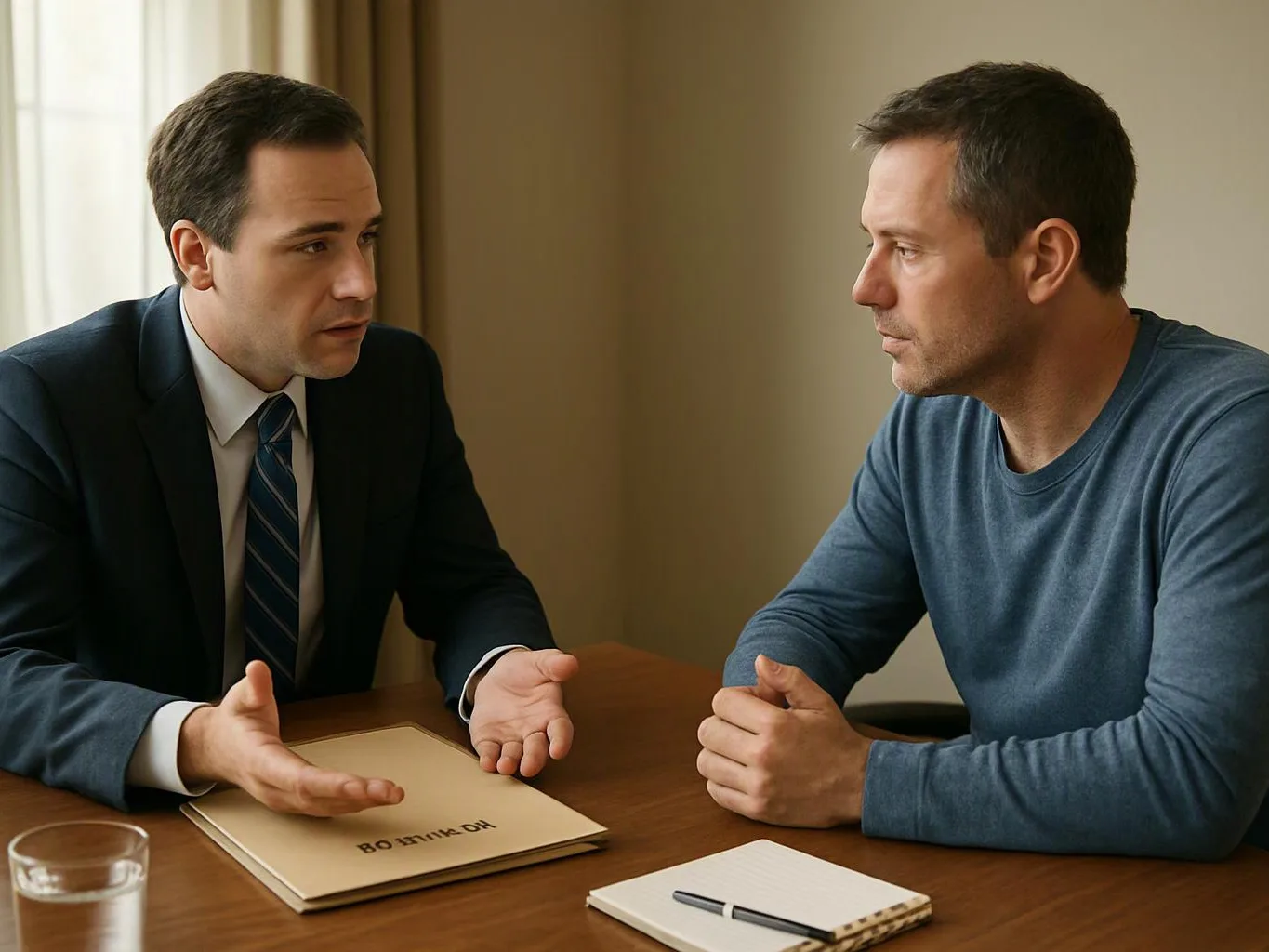 Two men sit at a table in a serious conversation, with papers, a pen, and a glass of water in front of them