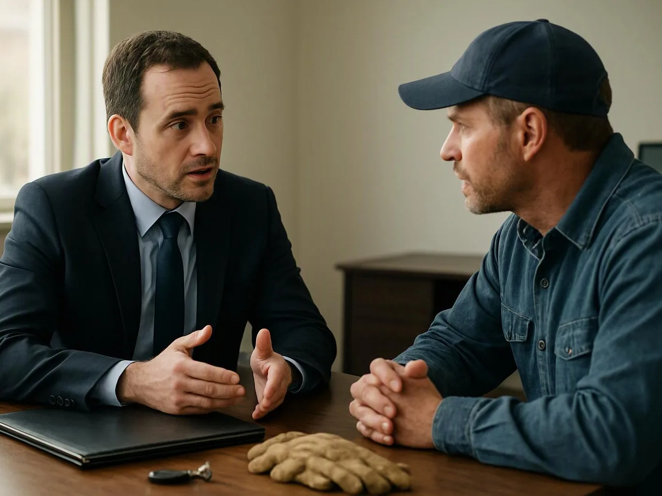 Two men sit at a table, talking across a pair of work gloves and a folder in a plain office room