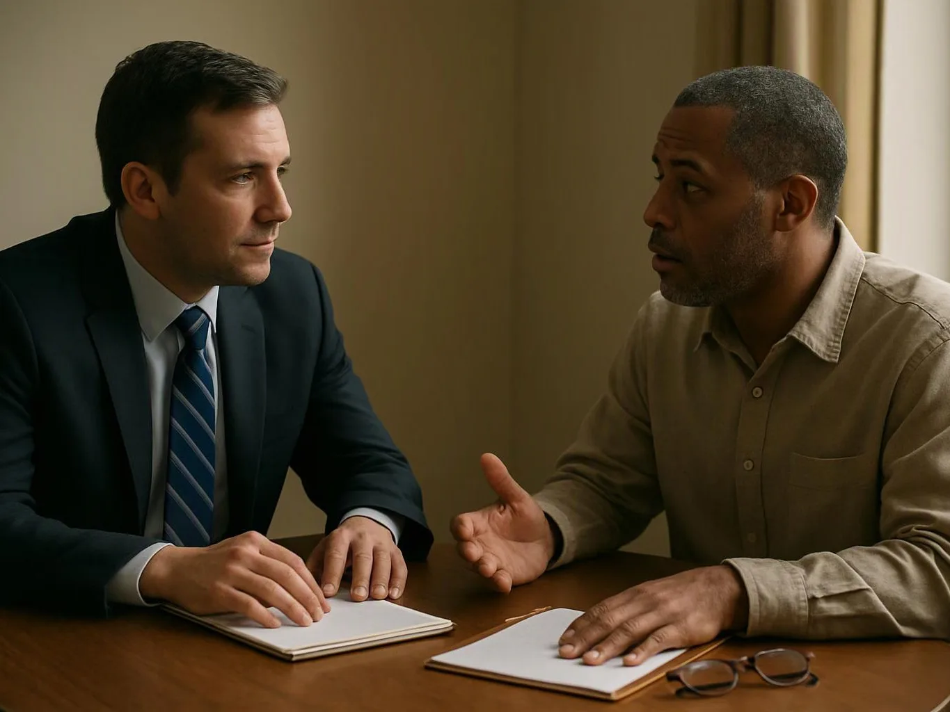 Two men sit at a wooden table, talking over open notebooks in a quiet room