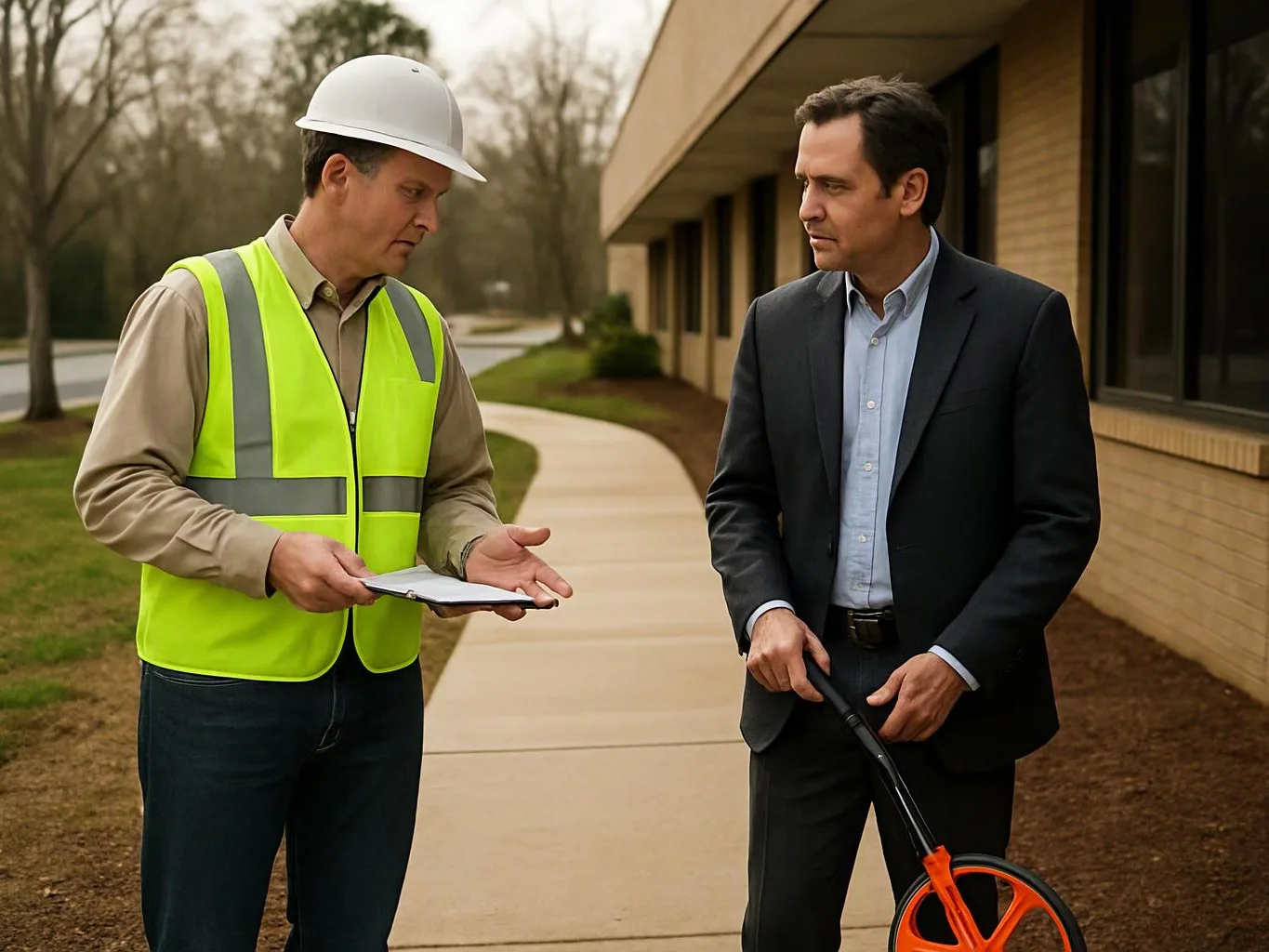 Two men stand by a sidewalk, one in a hard hat and safety vest holding a clipboard