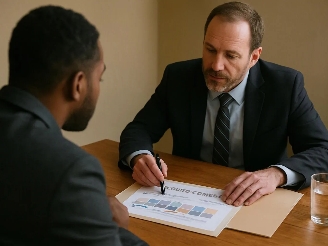 Two men in suits sit across a table, one pointing at a chart on a document in a plain room