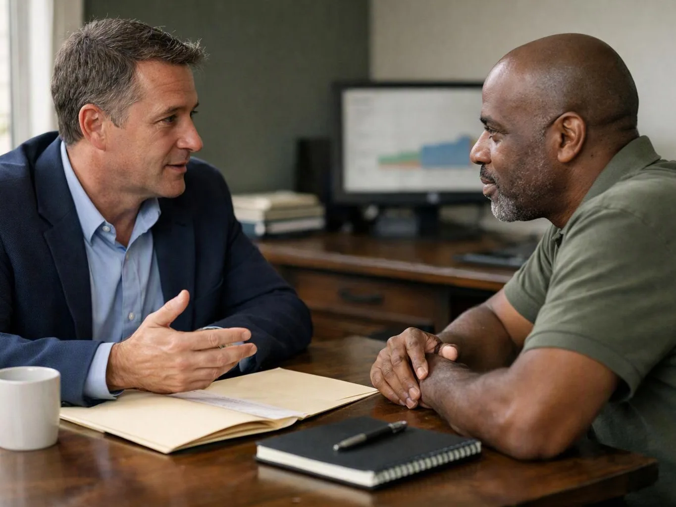 Two men talk across a desk in an office, with folders, a notebook, a mug, and a computer monitor behind them
