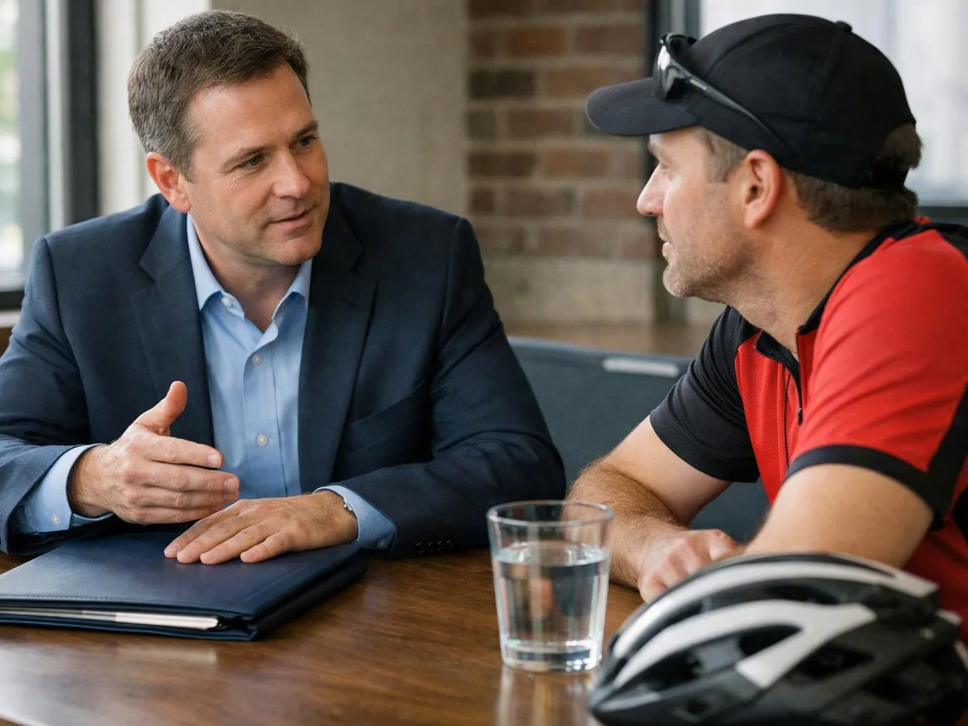 Two men talk across a table, with a glass, a folder, and a bike helmet in a bright room
