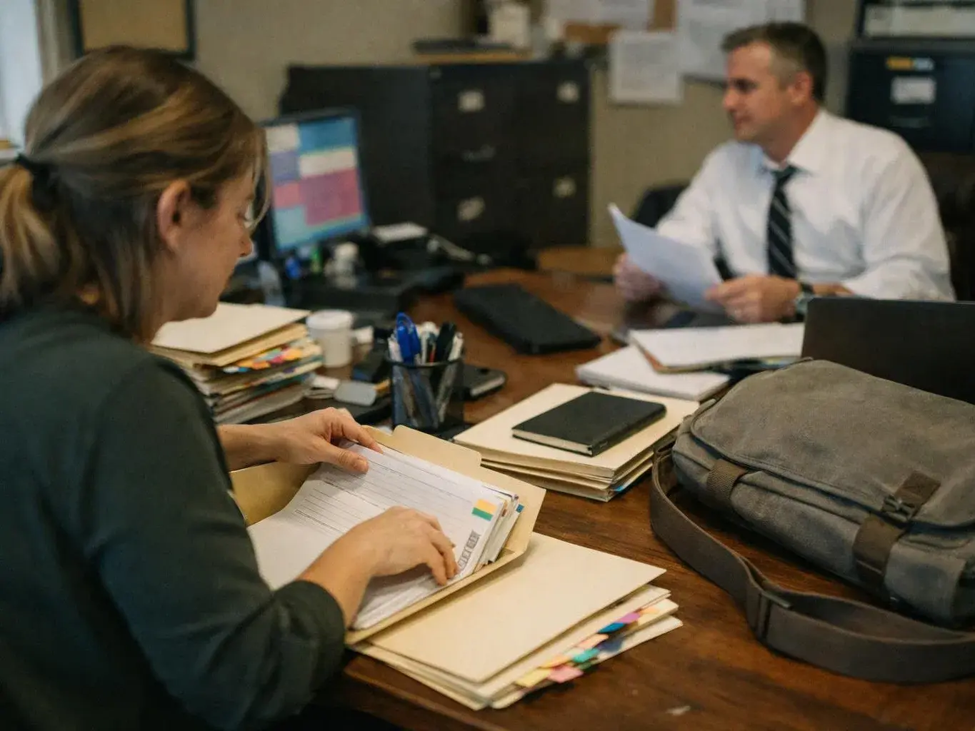Two office workers sort papers at a crowded desk with files, notebooks, a laptop, and a gray bag