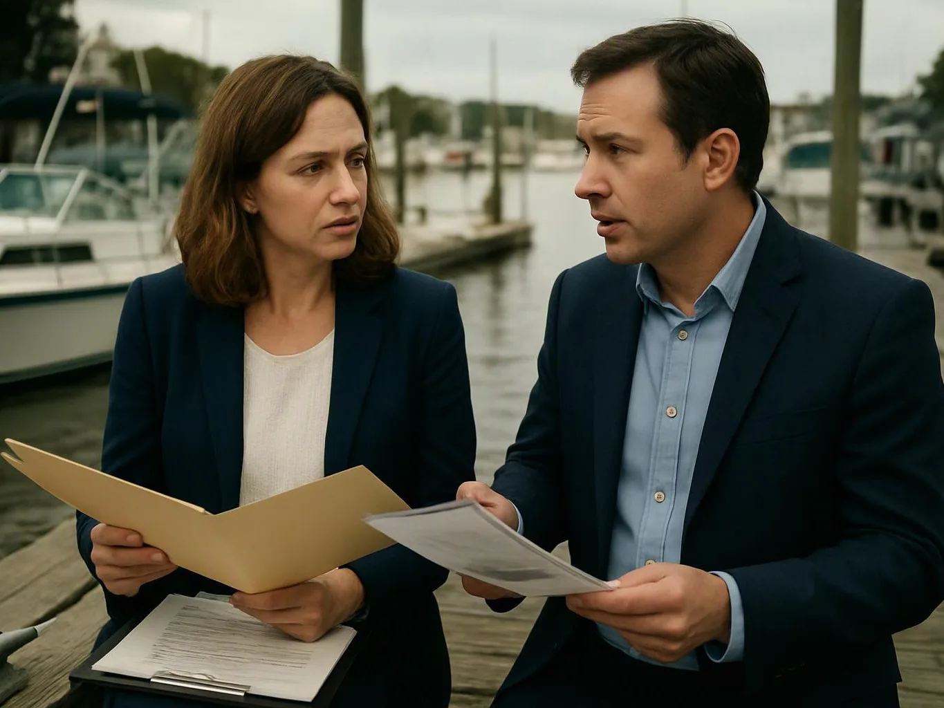 Two people in dark blazers review papers while sitting on a dock beside boats and calm water