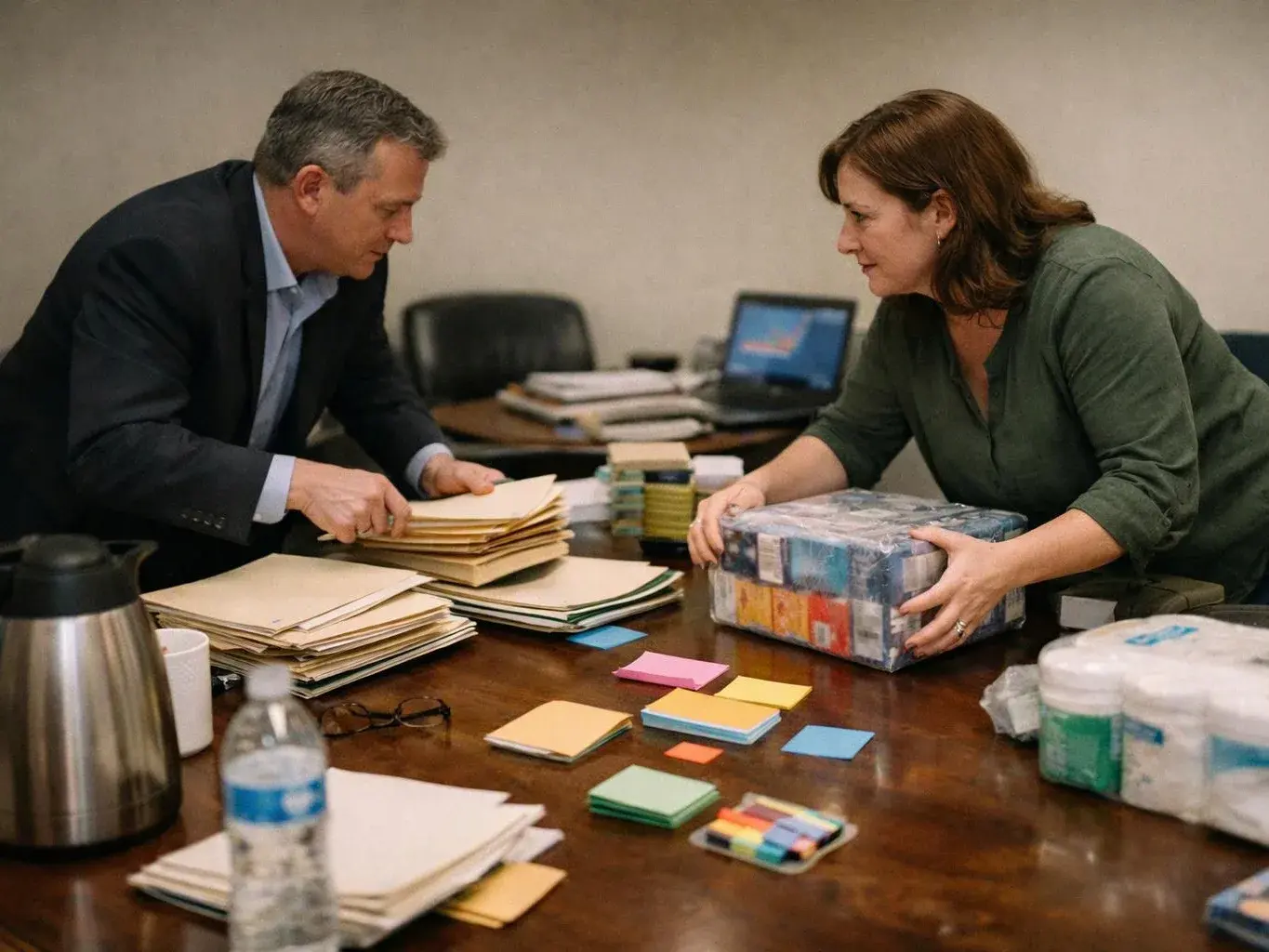 Two people lean over a conference table, sorting paper stacks and a shrink-wrapped box in a meeting room
