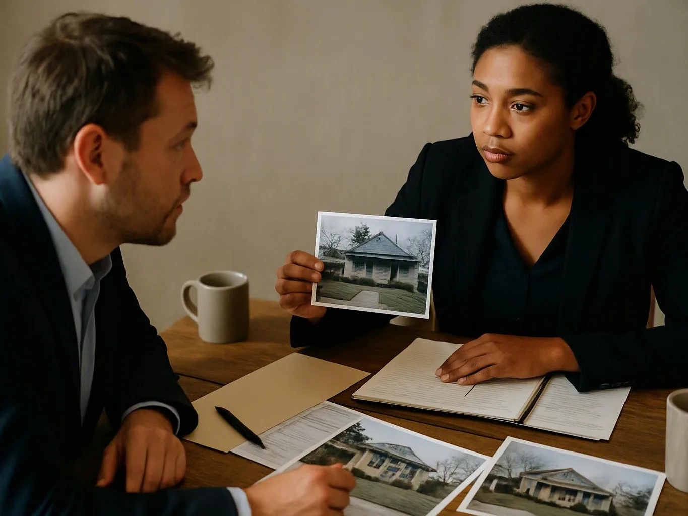 Two people review house photos at a table, one holding up a print while the other listens with notes open