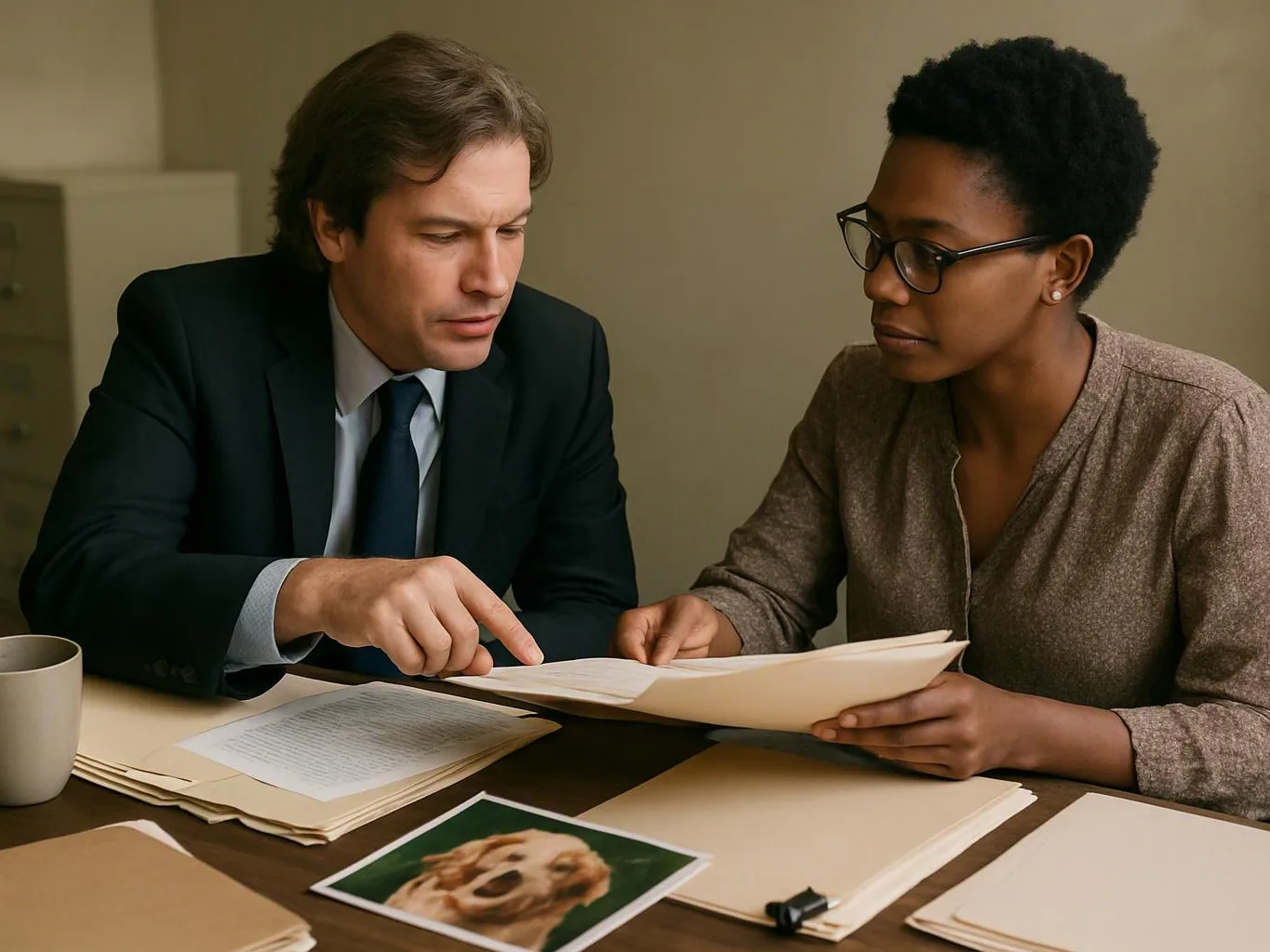 Two people review papers at a desk, with a photo and mug in a plain office-like room