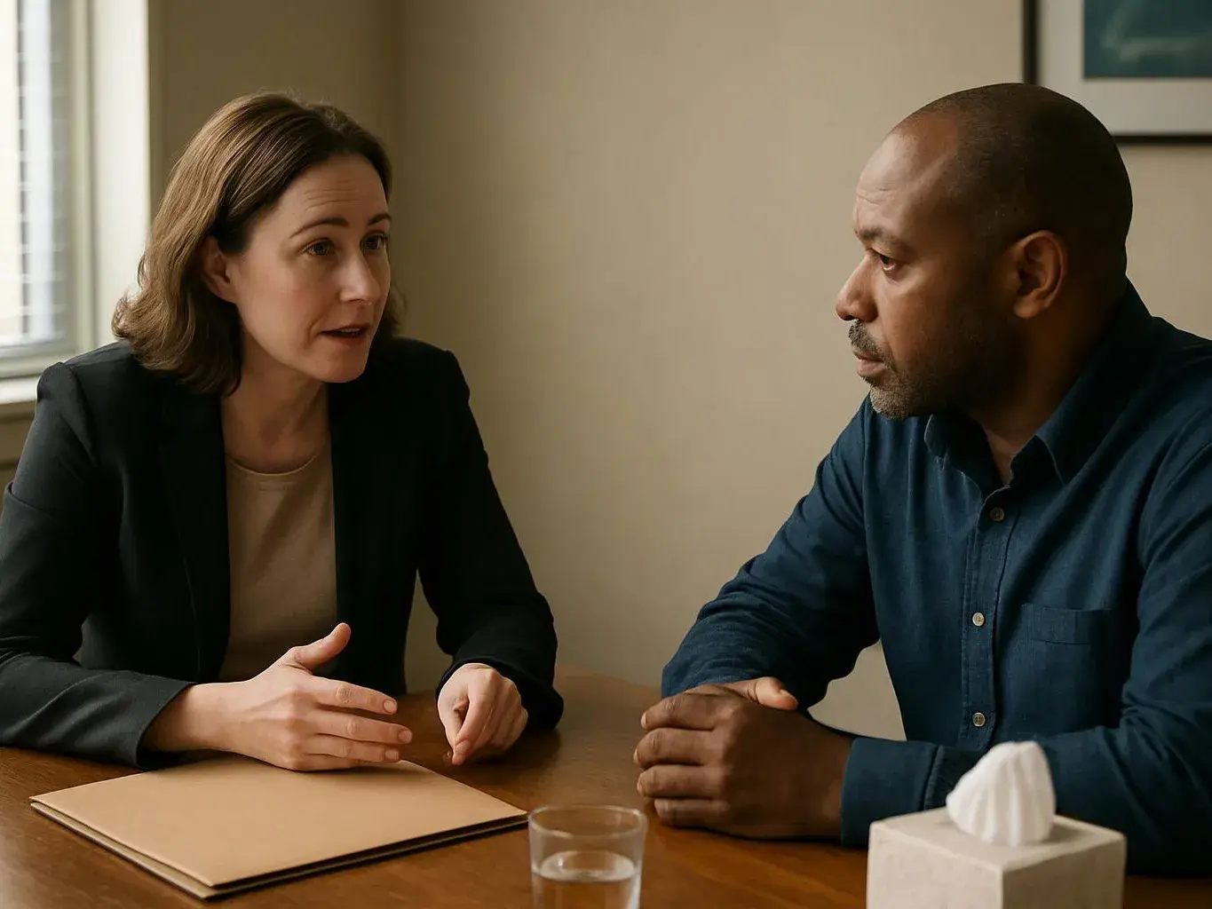 Two people sit across a table in a quiet office, talking with a folder and tissue box nearby