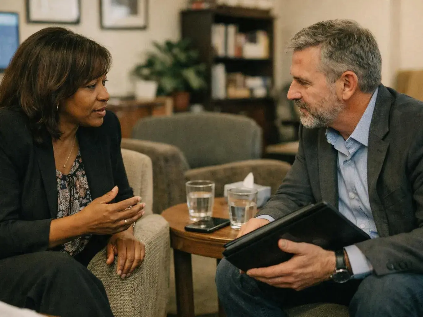 Two people sit in armchairs, talking across a small table with glasses of water and a tablet