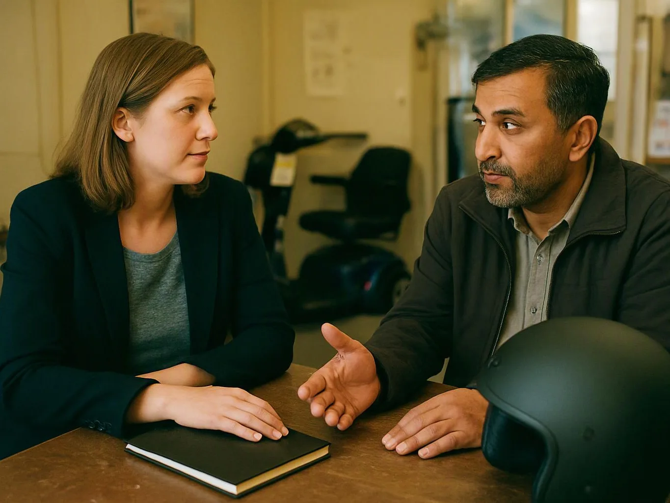 Two people sit at a table in an office, talking while a black helmet rests in the foreground