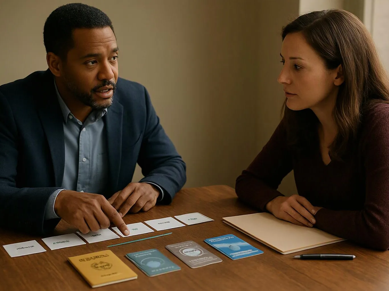 Two people sit at a table, pointing at cards and papers during a focused discussion