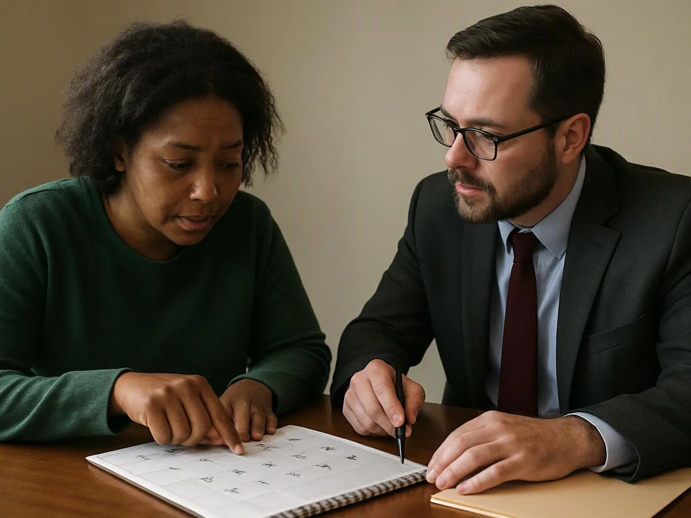 Two people sit at a table, studying a notebook page and pointing at a printed grid together